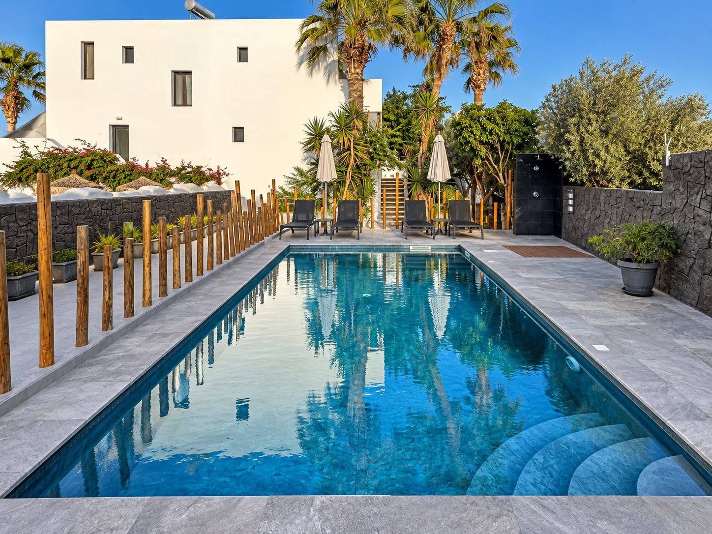 Pool with the whitewashed villas and palm trees at Dragonfly Villas boutique hotel in Kamari, Santorini