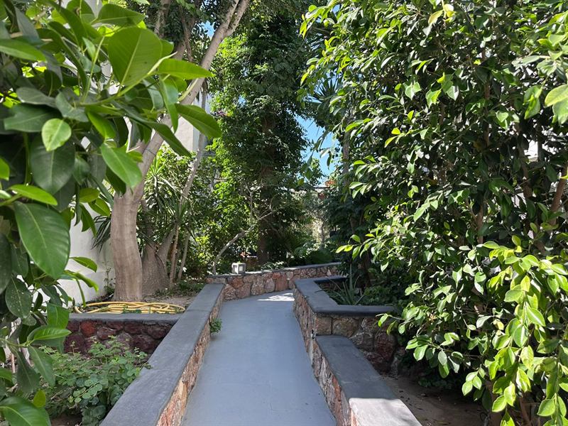 Garden path between stone planters – Dragonfly Villas, Santorini