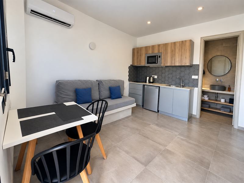 Garden View Apartment – Open-plan living area, Dragonfly Villas Santorini